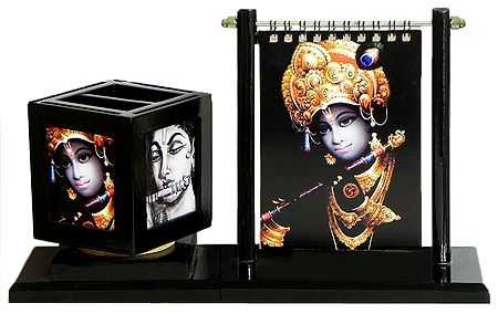 Revolving Pen Holder with Replaceable Pictures and Set of Twelve Pages of Krishna Pictures