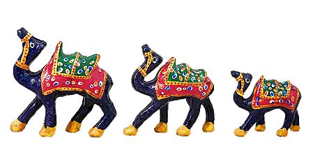 Set of 3 Decorated Blue Wooden Camels