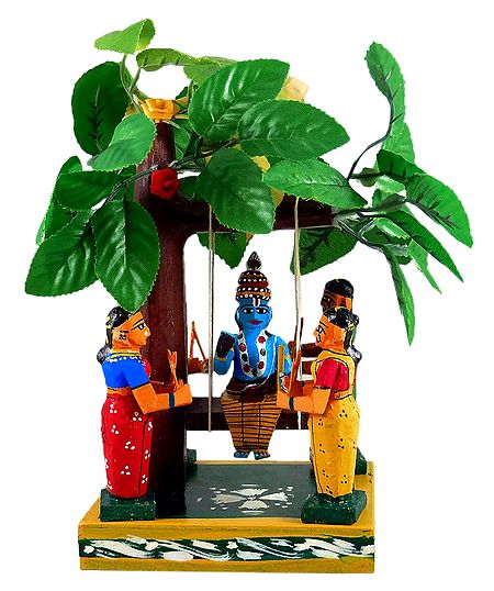 Krishna on a Swing Under Kadamba Tree with Gopinis - Kondapalli Doll