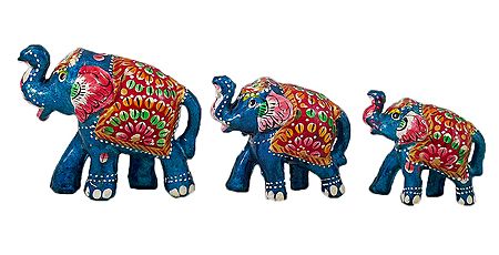 Set of 3 Decorated Blue Wooden Elephant