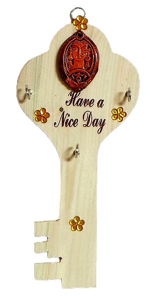 Key Shaped Key Rack with Three Hooks and Terracotta Mother Face - Wall Hanging