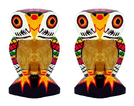 Pair of Wooden Owl with Colorful Painting