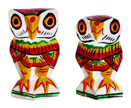 Pair of Wooden Owl with Colorful Painting