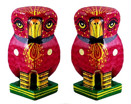 Set of 2 Wooden Red Owl with Colorful Painting