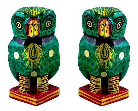 Set of 2 Wooden Green Owl with Colorful Painting