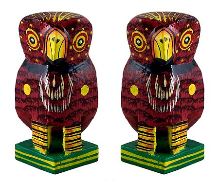Set of 2 Wooden Maroon Owl with Colorful Painting