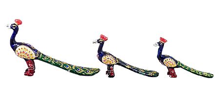 Set of 3 Decorated Blue Wooden Peacocks
