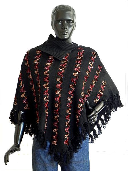Black Woollen Poncho with Red, Brown Embroidery and Bead Work in Front with Collar