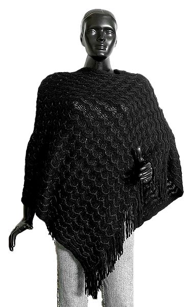 Black Woolen Poncho with Silver Thread Chain Design
