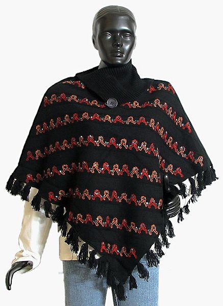 Black Woollen Poncho with Red, Brown Embroidery and Bead Work in Front with Collar