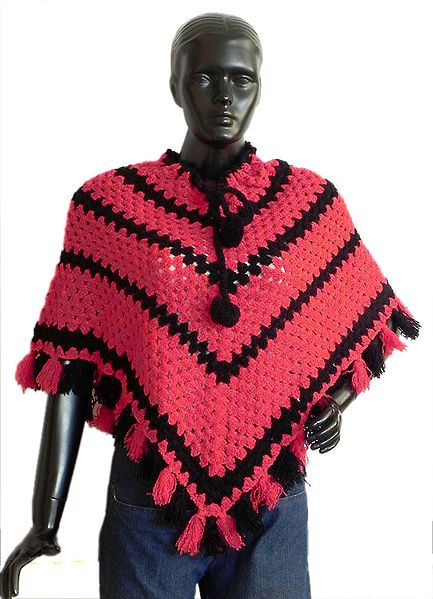 Red and Black Striped Crocheted Woolen Poncho