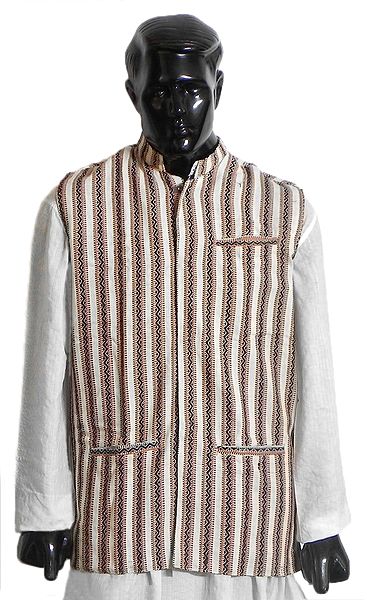 Striped Off-White Close Neck Sleeveless Woolen Jacket with Collar (For Men)