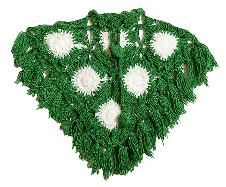 Green with White Crocheted Woolen Poncho