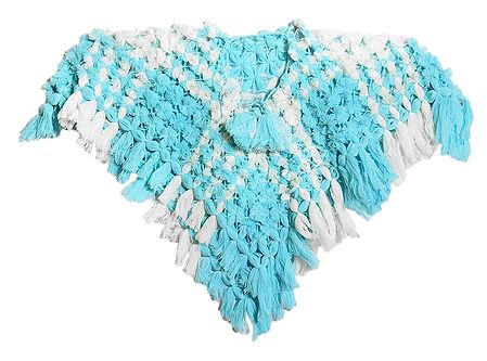 Light Blue with White Crocheted Woolen Poncho