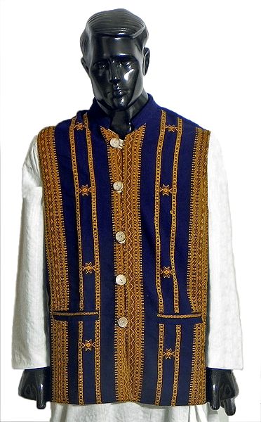 Dark Blue Close Neck Sleeveless Woolen Jacket with Collar (For Men)
