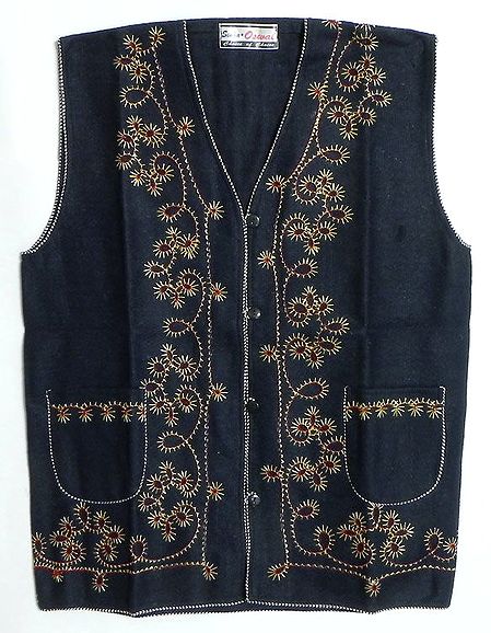 Embroidered Dark Navy Blue Woolen Jacket (For Men)