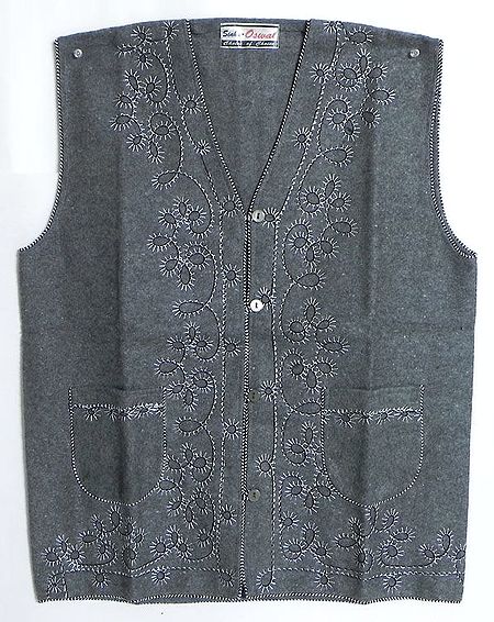 Embroidered Dark Grey Blue Woolen Sleeveless Jacket (For Ladies)