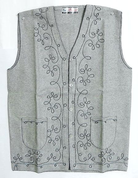 Embroidered Light Grey Woolen Sleeveless Jacket (For Ladies)