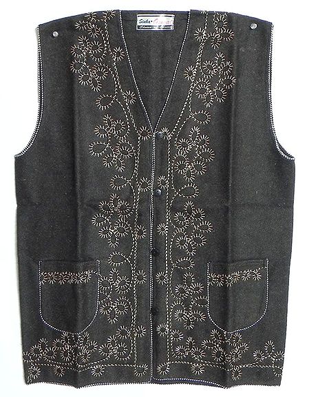 Embroidered Dark Brown Woolen Sleeveless Jacket (For Ladies)