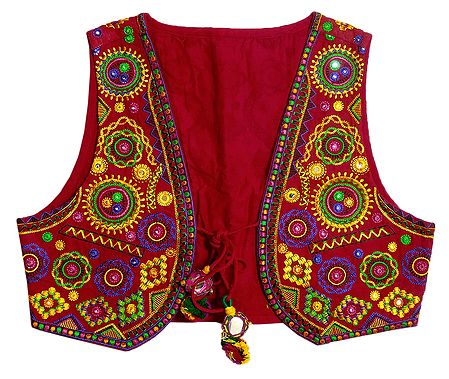 Multicolor Embroidery on Red Ladies Jacket