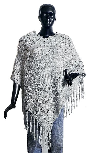 Grey Woolen Poncho with Silver Thread Chain Design