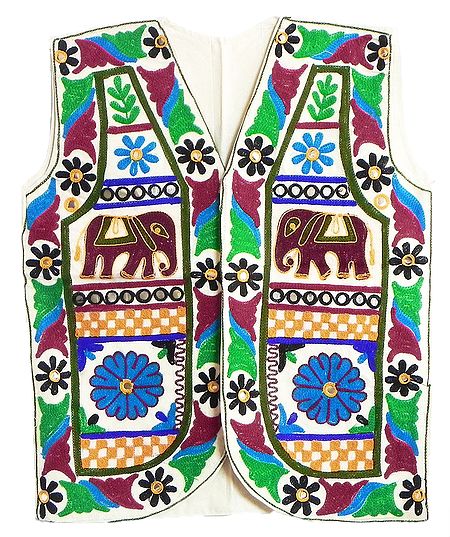 Multicolor Gujrati Embroidery on Sleeveless Jacket (For Men)