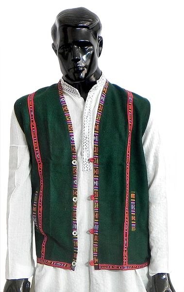 Sleeveless Himachali Green Woolen Jacket (For Men)