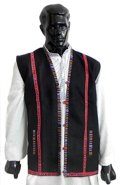 Sleeveless Himachali Black Woolen Jacket (For Men)
