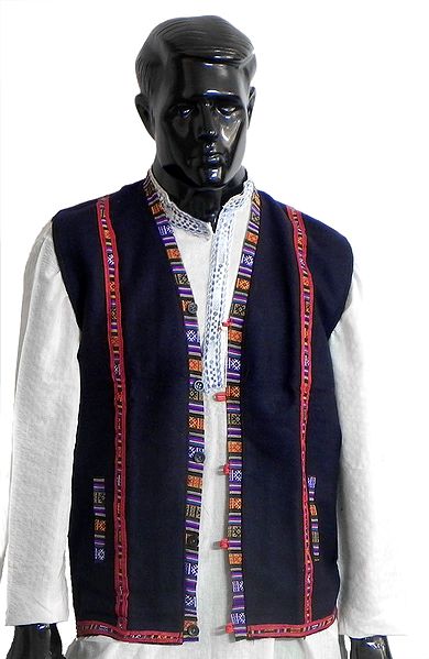 Sleeveless Himachali Dark Blue Woolen Jacket (For Men)