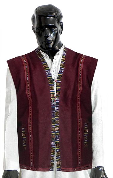 Sleeveless Himachali Maroon Woolen Jacket (For Men)