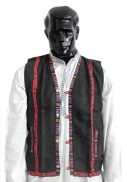 Sleeveless Himachali Dark Grey Woolen Jacket (For Men)