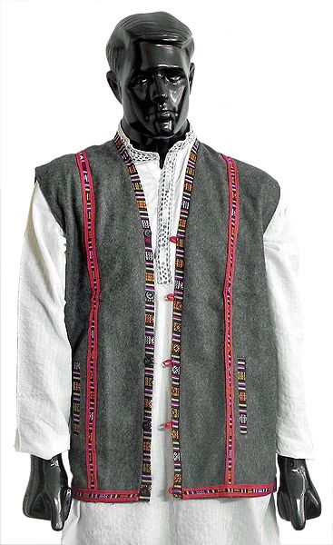 Sleeveless Himachali Grey Woolen Jacket (For Men)