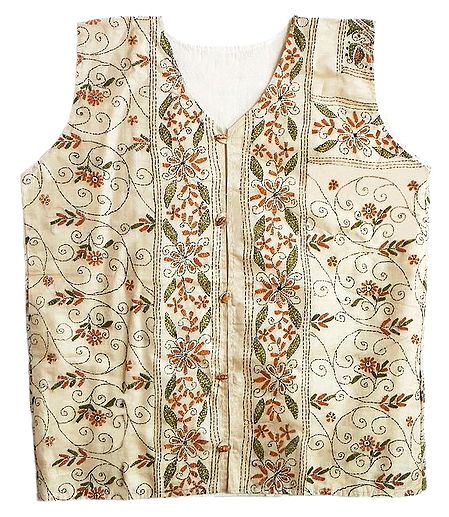 Kantha Stitch Light Beige Silk Ladies Jacket