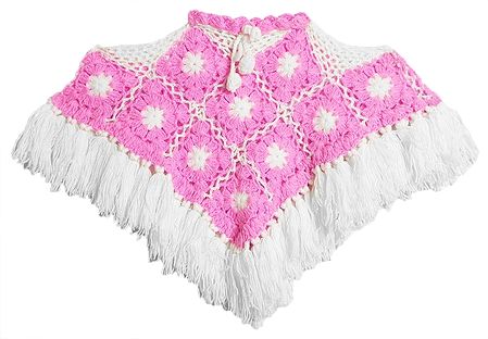 Dark Pink with White Crocheted Woolen Poncho