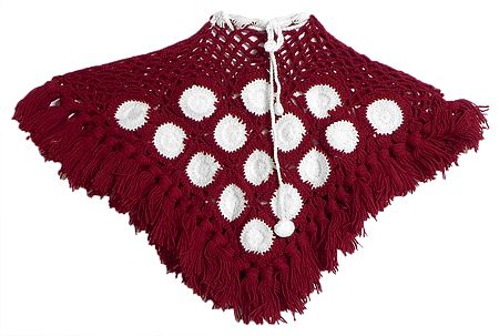 Maroon with White Crocheted Woolen Poncho