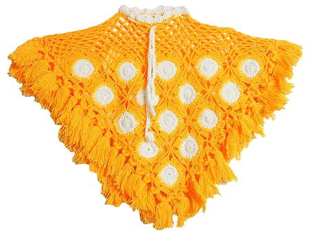 Dark Yellow with White Crocheted Woolen Poncho
