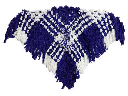 Dark Blue with White Crocheted Woolen Poncho