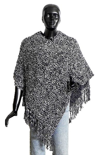 Black and White Woolen Poncho with Silver Thread Chain Design