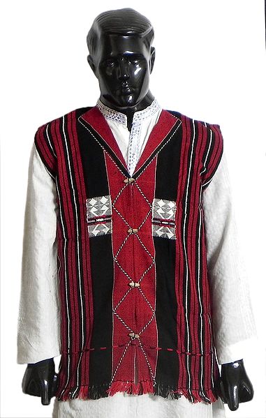Red, Black and White Stripe Sleeveless Jacket (For Men)