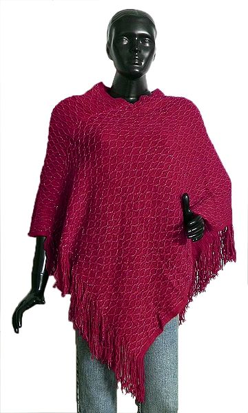 Red Woolen Poncho with Silver Thread Chain Design