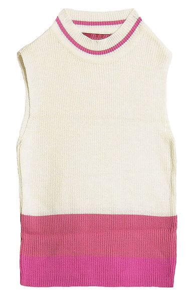 Sleeveless White Woolen Skivvy with Pink Border