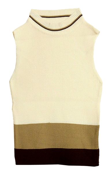 Sleeveless Ivory Color Woolen Skivvy with Brown Border