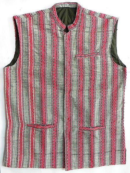 Striped Grey Close Neck Woolen Sleeveless Jacket with Collar (For Men)