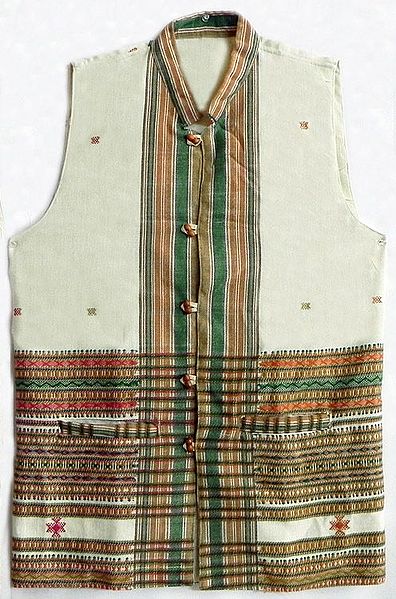 White Woolen Jacket with Green and Brown Thread Work (For Men)