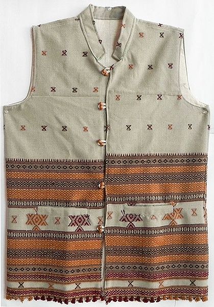 Tan Color Woolen Sleeveless Jacket with Rust and Dark Brown Thread Work (For Men)
