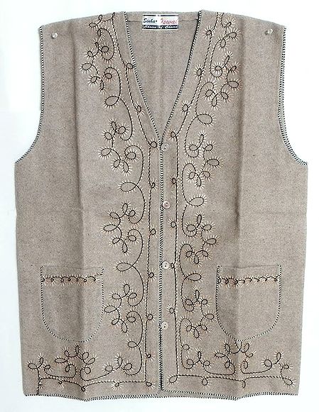 Embroidered Light Beige Woolen Jacket (For Men)