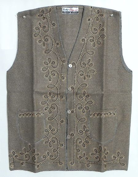 Embroidered Light Brown Woolen Sleeveless Jacket (For Ladies)