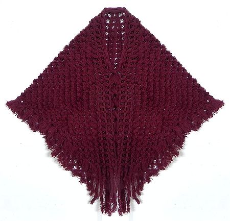 Maroon Crocheted Woolen Poncho
