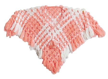 Light Peach with White Crocheted Woolen Poncho