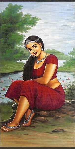 A Beautiful Maiden Sitting Near Pond Full of Lotus - Wall Hanging